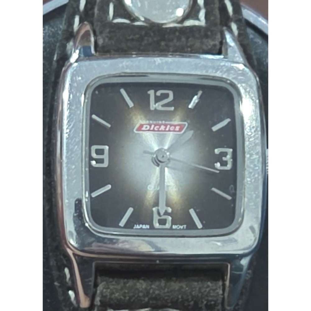 Dickies Mens Square Face Quartz Watch Black Suede Cuff Band Silver Tone